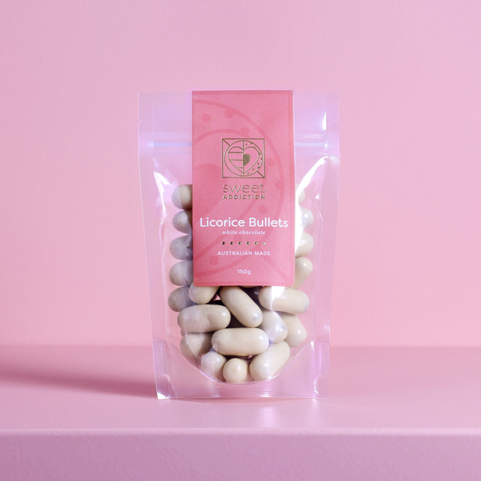 150g White Chocolate Licorice Bullets
