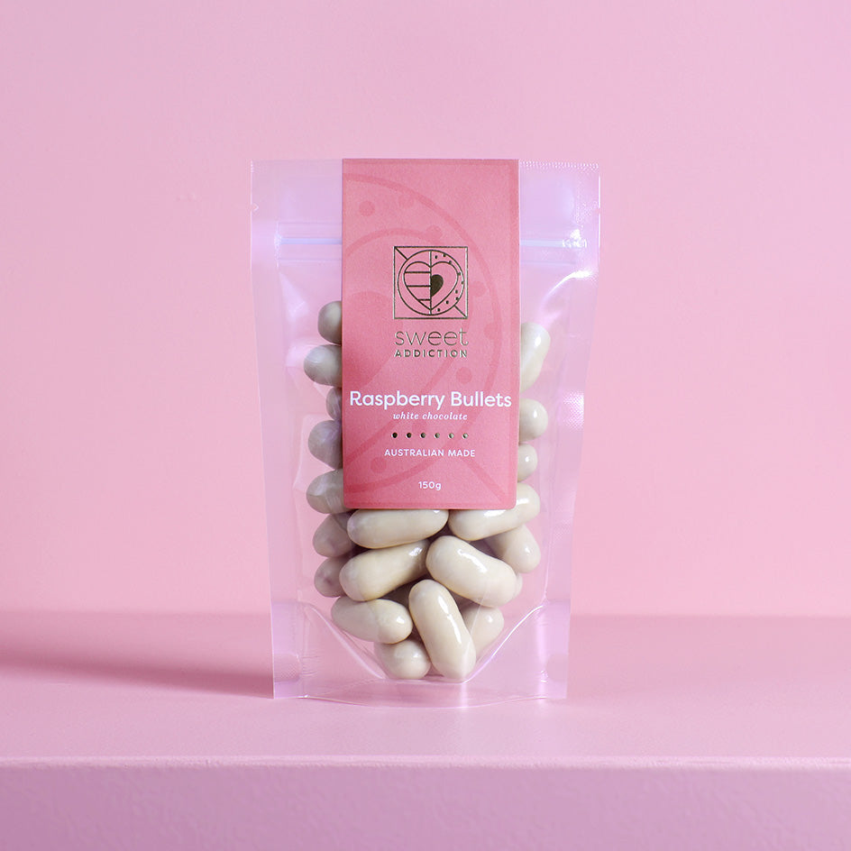 150g White Chocolate Raspberry Bullets
