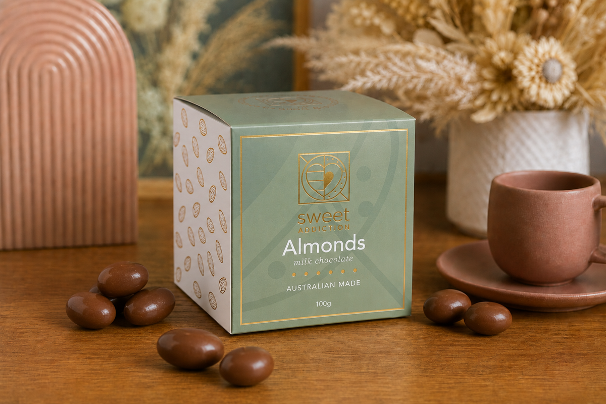 100g box of milk chocolate coated almonds, Australian made wholesale