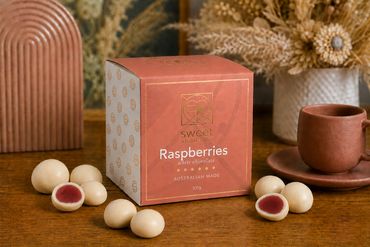100g box of white chocolate coated jelly raspberries, Australian made wholesale