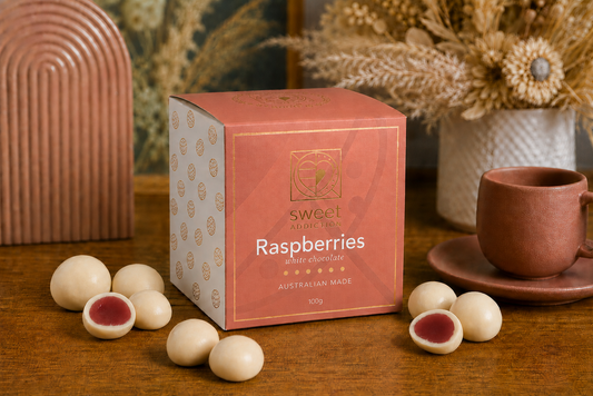 100g box of white chocolate coated jelly raspberries, Australian made wholesale
