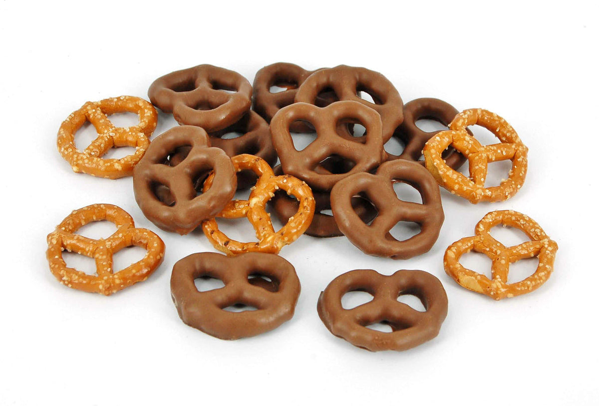80g bag of milk chocolate covered pretzels, made in Melbourne, Australia
