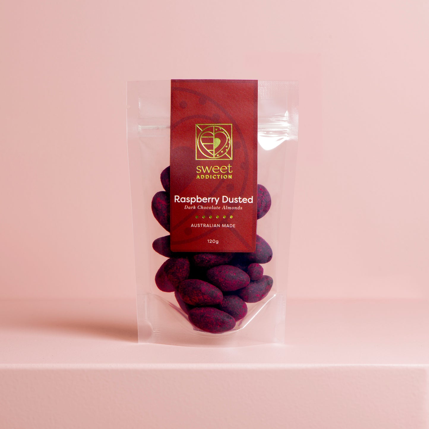 Red Label - 120g Raspberry Dusted Dark Chocolate Almonds