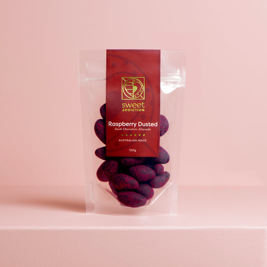 Red Label - 120g Raspberry Dusted Dark Chocolate Almonds