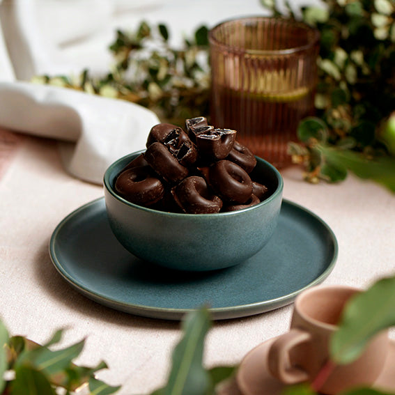 120g bag of dark chocolate coated aniseed rings, Australian made wholesale