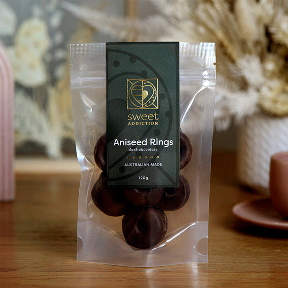 120g bag of dark chocolate coated aniseed rings, Australian made wholesale