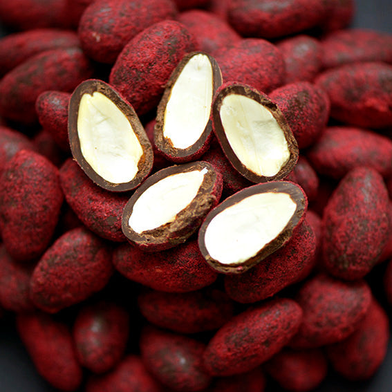 120g bag of raspberry dusted dark chocolate coated almonds, made in Melbourne, Australia