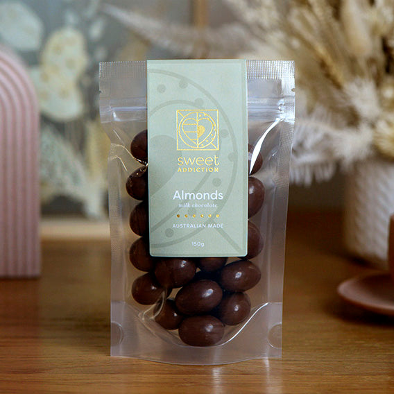150g bag of milk chocolate coated roasted almonds, made in Melbourne, Australia