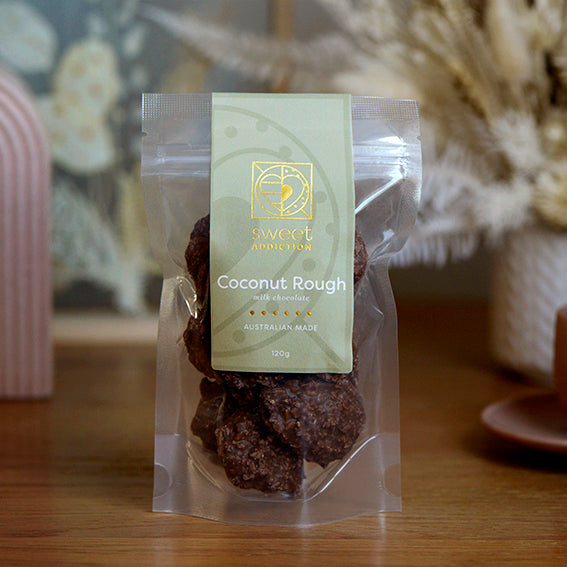 120g bag of milk chocolate coconut rough, made in Melbourne, Australia