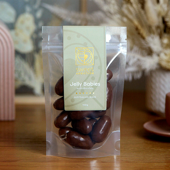 150g bag of milk chocolate coated jelly babies, made in Melbourne, Australia