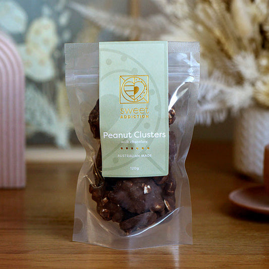 120g bag of milk chocolate covered peanut clusters, made in Melbourne, Australia