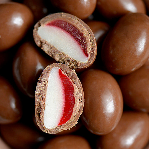 150g bag of milk chocolate coated strawberry and cream lollies, made in Melbourne, Australia