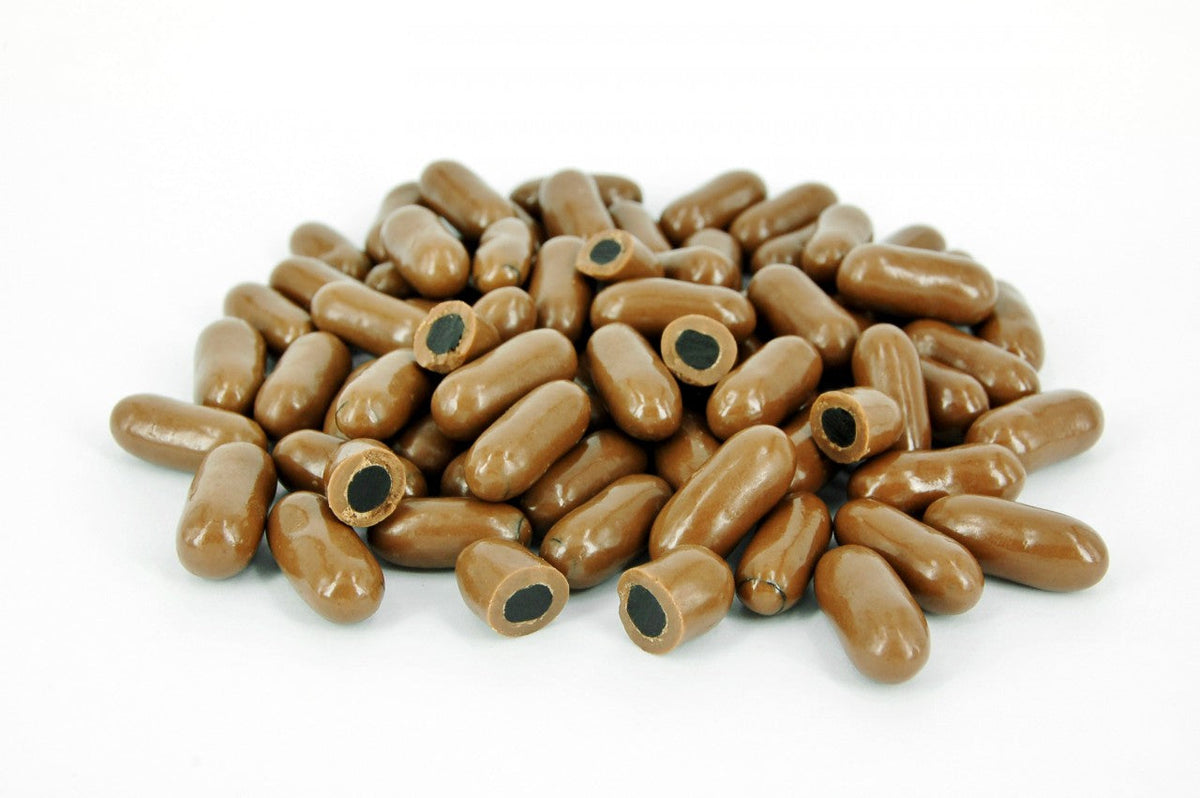150g bag of milk chocolate coated licorice bullets, made in Melbourne, Australia