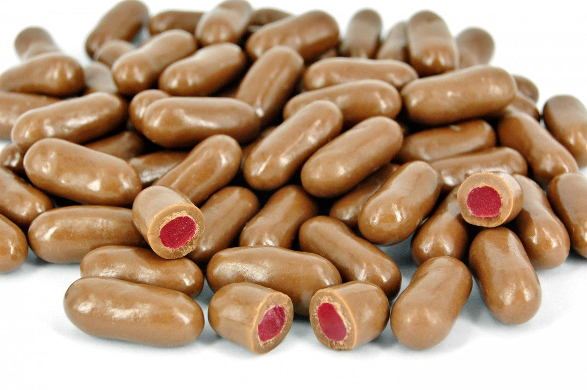 150g bag of milk chocolate coated raspberry bullets, made in Melbourne, Australia