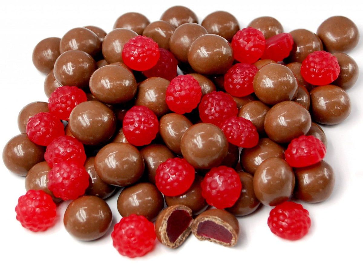 150g bag of milk chocolate coated jelly raspberries, made in Melbourne, Australia