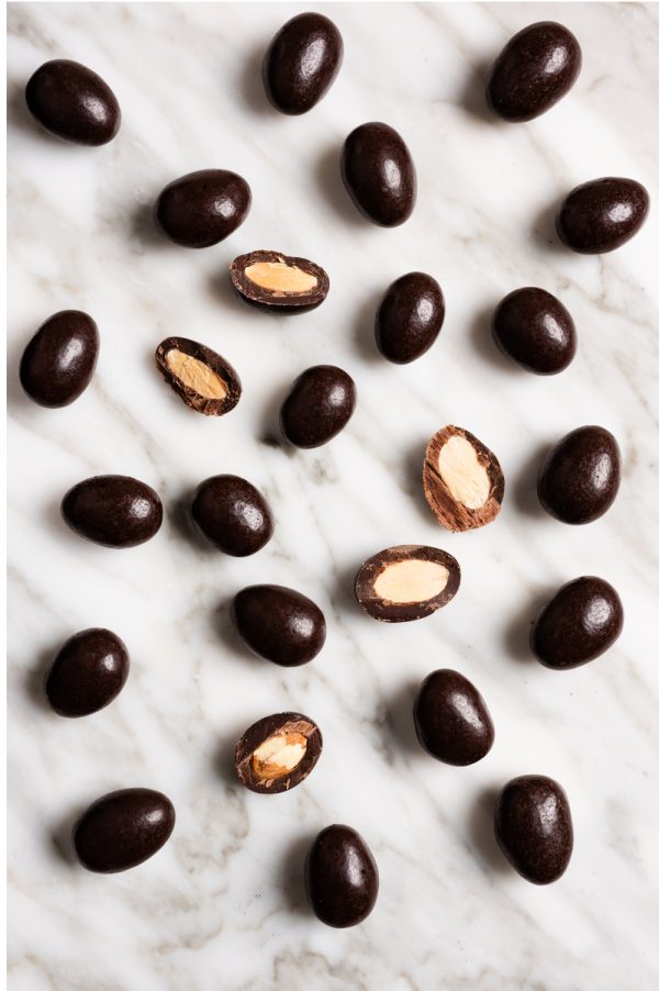 150g bag of vegan dark chocolate coated roasted almonds, made in Melbourne, Australia