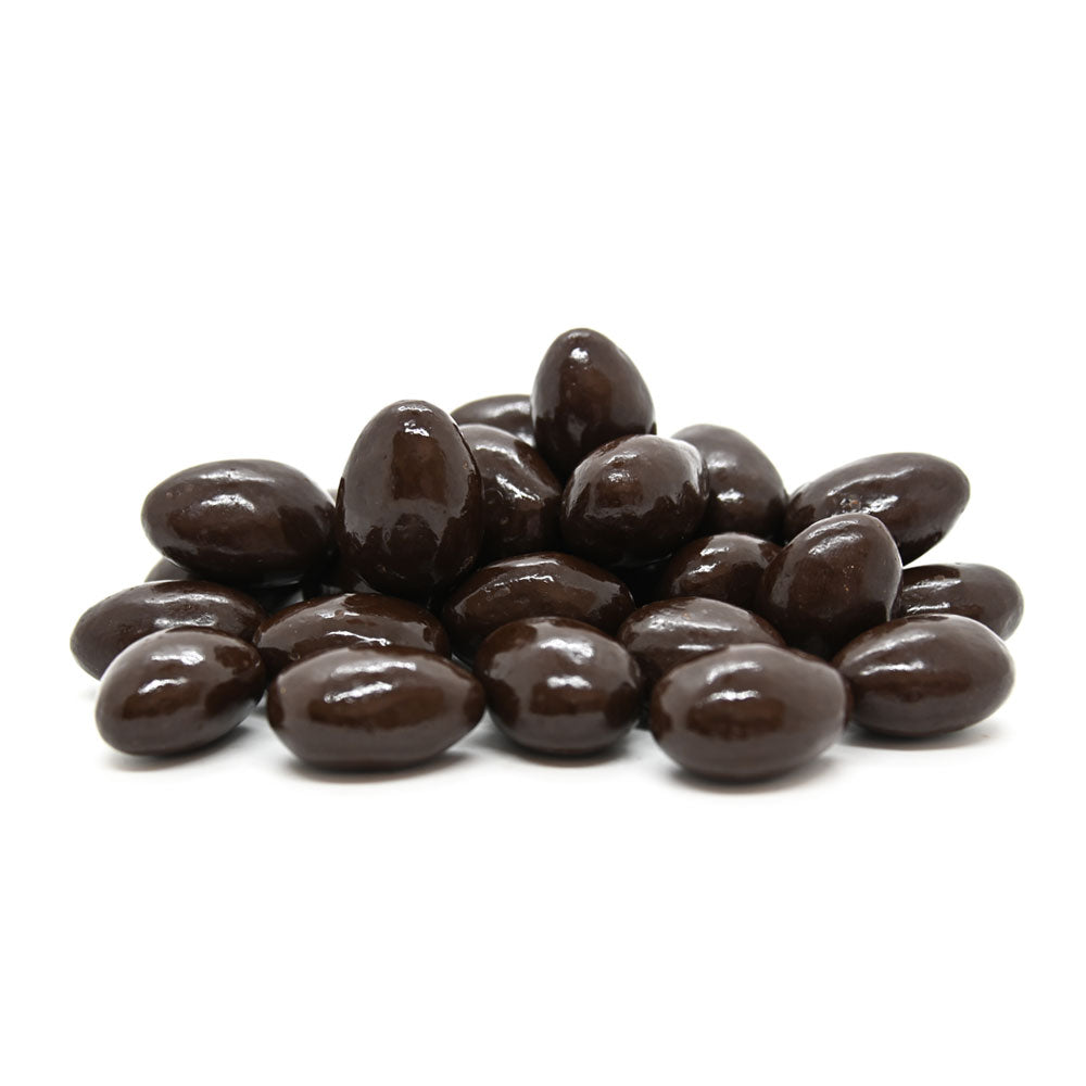 150g bag of vegan dark chocolate coated roasted almonds, made in Melbourne, Australia