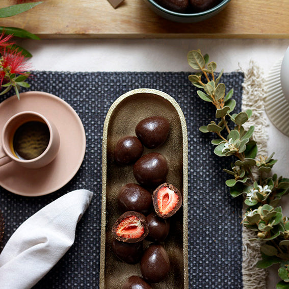 100g bag of vegan dark chocolate coated freeze dried strawberries, made in Melbourne, Australia