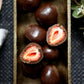 100g bag of vegan dark chocolate coated freeze dried strawberries, made in Melbourne, Australia