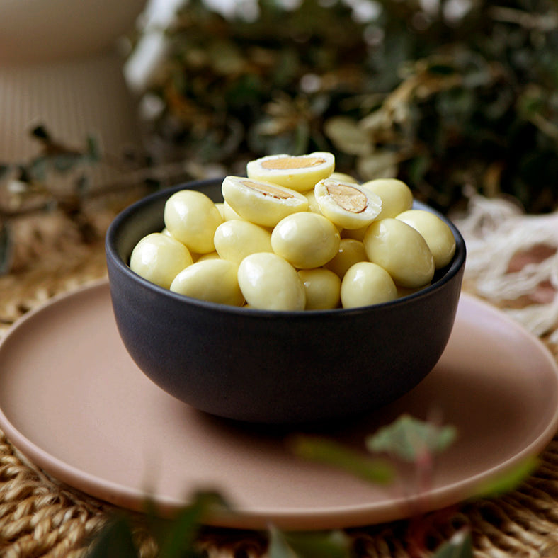 120g bag of white chocolate covered roasted almonds, made in Melbourne, Australia
