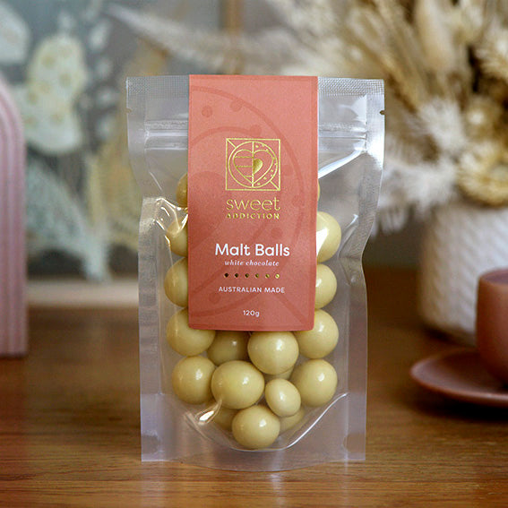 120g bag of white chocolate coated malt balls, Australian made wholesale
