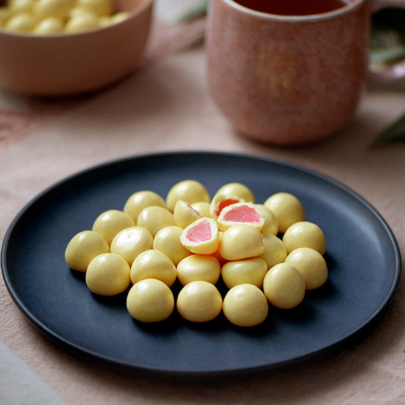 150g bag of white chocolate coated jelly raspberries, made in Melbourne, Australia